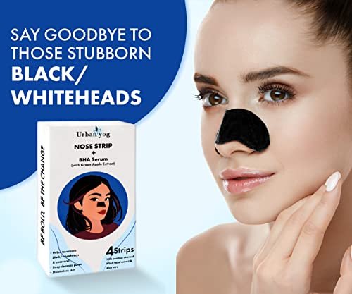 Image of Urban Yog Nose Strip for Blackheads & Whiteheads Removal (4 Strips) + BHA Serum | Charcoal Pore Strips for Nose, Blackhead Remover, Deep Cleansing, Acne Control, Oily Skin, Clear Skin