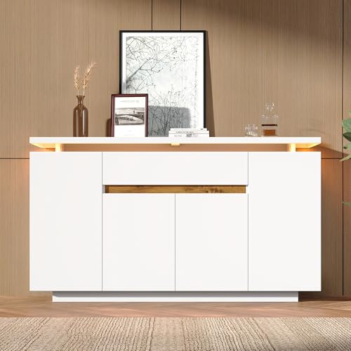 Easexcy Aparador con iluminación LED – Cómoda con 1 cajón y 4 puertas para salón, pasillo o cocina, color blanco, 140 x 40 x 80 cm (modelo 1)