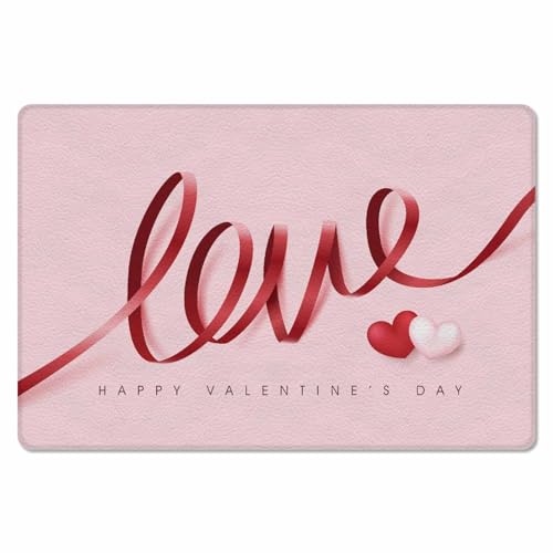 Valentine's Love Kitchen Bath Door Mat Cushioned Runner Rug,Washable Welcome Floor Sink Antifatigue Mat,Waterproof & Non-Slip Comfort Standing Doormat,Pink Ribbon Heart Sweetest Holiday 18