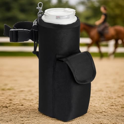 Soulchen Saddle Water Bottle Holder with Pocket, Saddlebags for Horses with Adjustable Strap, Horse Riding Accessory, Easy to Attach, Black 10 x 4 x 4 Inch