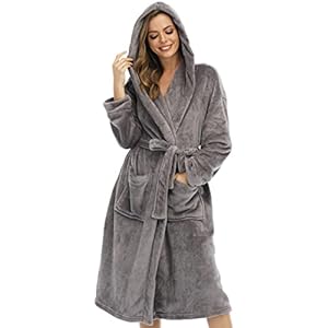 Yoaresweet Women Plush Flannel Fleece Hooded Robe, Long Soft Lightweight Bathrobe Nightgown With Pockets