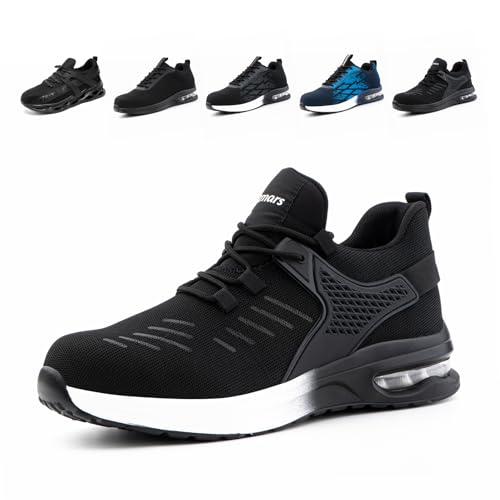 Loiston Zapatos de Seguridad para Hombre Zapatillas Trabajo Mujer Puntera de Acero Ligero Colchón de Aire Amortiguación Calzado de Seguridad SM2 NegroBlanco EU45