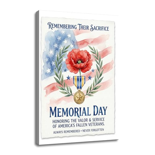 YSPCSUN Large Veteran Memorial Gift Decor - Watercolor US Flag and Olive Branch Art, Memorial Day Remembrance Wall Decor, Honoring Valor & Service Canvas Print, 36x24 Inch Framed