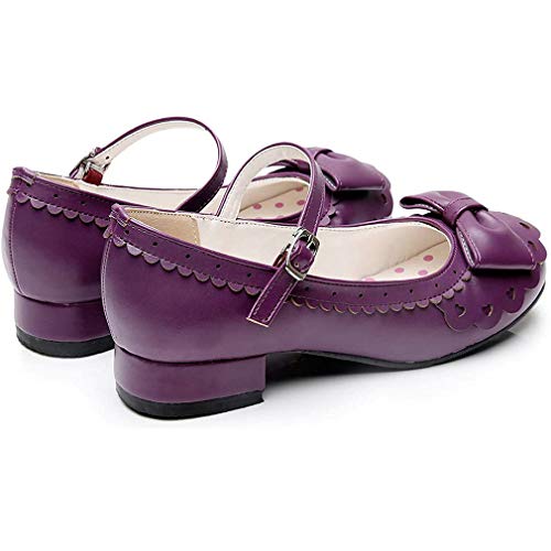 Parisuit Women's Mary Jane Round Low Heel Pumps Flat Ankle Strap Rockabilly Bowtie Shoes3