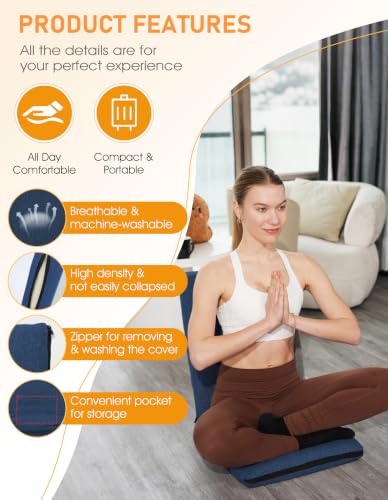 Image of FASTMOMENT Floor Chair with Back Support Adjustable Meditation Chair with 14 Positions Portable Ground Seating for Adults Foldable Floor Seat for Meditation Yoga Reading (Thicker Sponge Version, Blue)