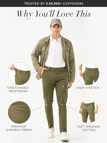 Image of The Pant Project Luxury Cotton Chinos Pants for Men | Stylish Slim Fit Men's Wear Trousers for Office or Party | Mens Fashion Dress Trouser with 2 Way Stretch