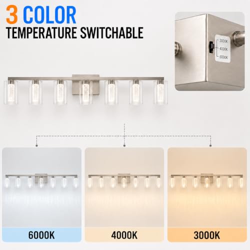 Image of 7-Light LED Vanity Light Fixtures for Bathroom,Electroplated Nickel | Bathroom Light Fixtures Over Mirror, 3 Color Lighting, Crystal Bubble Glass & Clear Glass Shade, Modern Vanity Light
