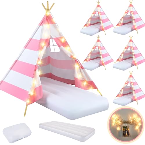 Lemosae 6 Pack Sleepovers Teepee Tent for Kids Bulk with Mattress Sheet Light,Natural Cotton Washable Indoor Play Tent for Birthday Slumber Party Girls Boys Pajama Movie Night Supplies(Pink, White)