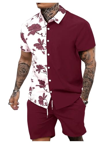 OYOANGLE Men's 2 Piece Vacation Outfits Tropical Hawaiian Button Down Shirt and Shorts Set