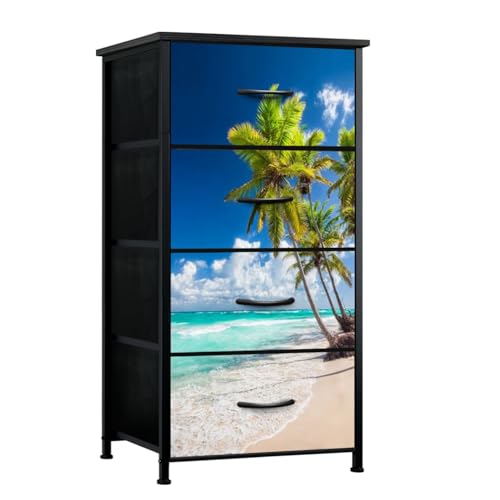 VETEB Dresser for Bedroom Coconut Palm Trees White Sandy Beach Small Tall Clothes Dresser for Closet Organizers with 4 Chest of Drawers Fabric Storage Bins Dressers