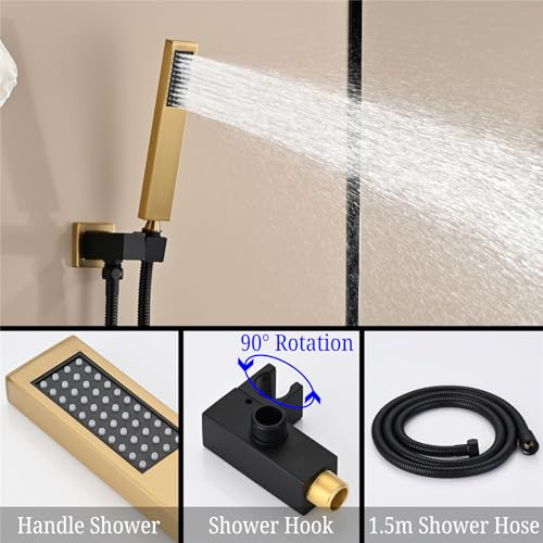 Juego de grifería para ducha negro con acabado oro titanio cepillado, sistema mural con 4 funciones, incluye cabezal de ducha, ducha de mano, grifo para bañera tipo cascada y ganchos para ducha miniatura 4