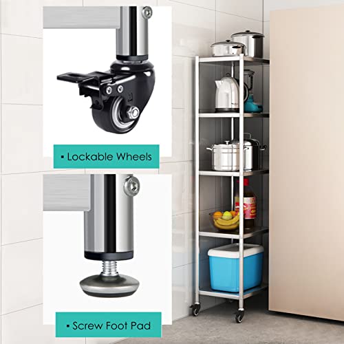 Scaffale da cucina sottile a 5 ripiani su ruote, extra alto, in acciaio inox, per piccoli spazi (26 x 40 x 147 cm) – perfetto per nizing cucina essenziale