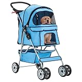 FDW Pet Stroller 4-Wheel Dog Cat Stroller Travel Folding Carrier Puppy Stroller with Cup Holder and Removable Liner for Small Medium Dogs Cats, Blue