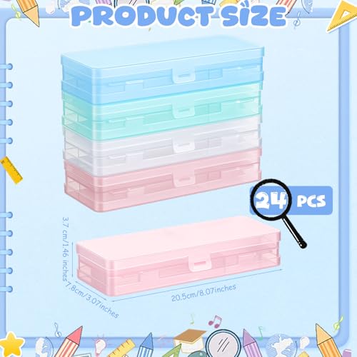 Image of Fainne 24 Plastic Pencil Case Bulk Hard Pencil Boxes with Snap Lid Crayon Maker Pen Organizer Stackable Craft Storage Boxes for School Supplies(Double Layer,Bright Colors,8.07 x 3.07 x 1.46 Inch)