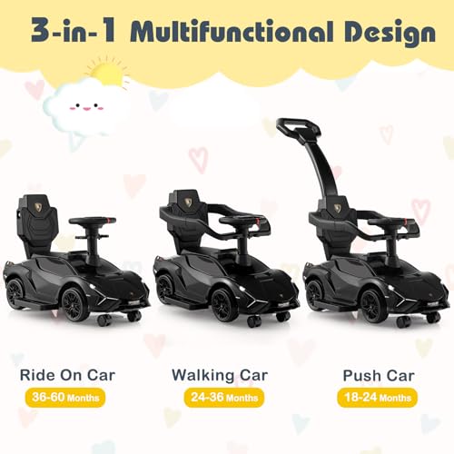 SOARS Lamborghini Rutschauto, Rutschfahrzeug mit Abnehmbarer Schiebstange, Universalrädern, Stauraum, Scheinwerfern, USB-Anschluss, Musik, Spielzeugauto für Kinder ab 1 Jahr (Schwarz) – Bild 5