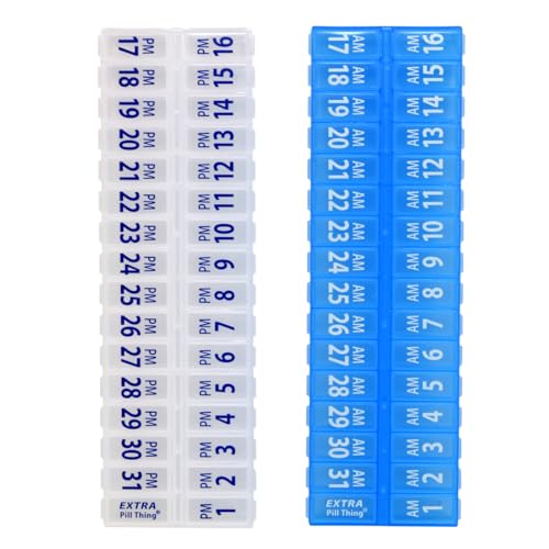 Twice-a-Day Monthly Pill Box Planner Set - AM & PM Medication Organizer for 31 Days! Set Contains 2 Organizers for One Month. (Clear/Blue - 31 Day AM/PM)