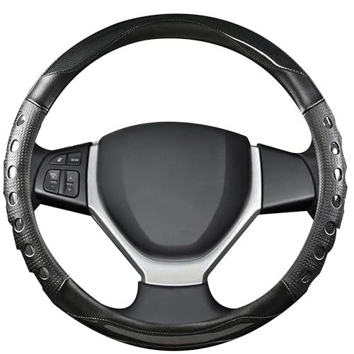 Image of NIKAVI Fashion Steering Wheel Cover - Black Color | Size - Medium | Diameter 38 cm | D-Type | Car Steering Wheel Protector, Anti-Slip, Stylish Leather Finish Grip Cover for Flat Bottom Wheels