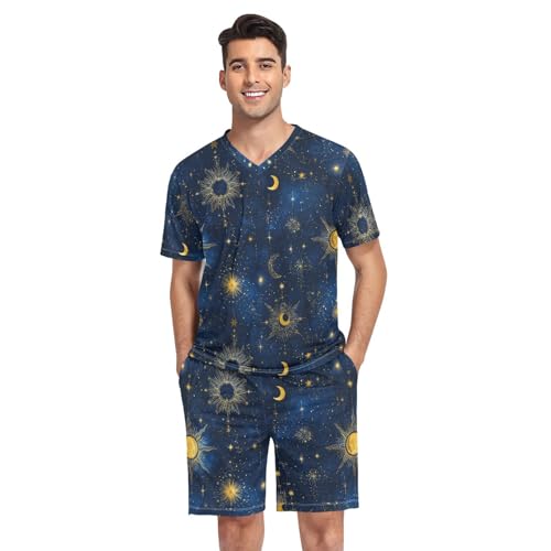 Star and Moon Men’s Pajama Sets Short Sleeve Shirt and Pants with Soft Touch Fabric