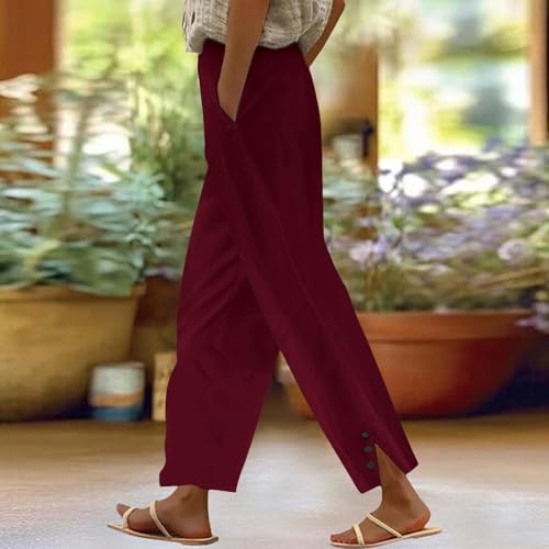 Women's Mid - Length Linen Trousers, Button - Trimmed Slit Hem, Breathable for Casual Looks3