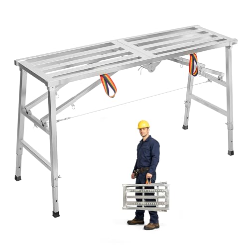 GreenWhim Folding Steel Work Platform Ladder Stool Portable Heavy-Duty Step Ladder for Home Workshop Garage Office Max Load 300KG Adjustable Height 70-110CM