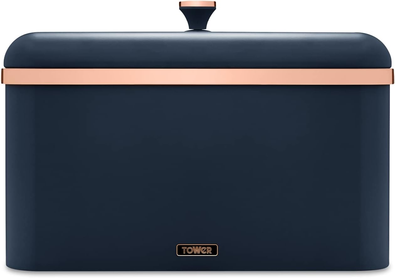 Tower T826130MNB Cavaletto Bread Bin with Removable Lid, Large Capacity, Durable Steel Body, Midnight Blue and Rose Gold