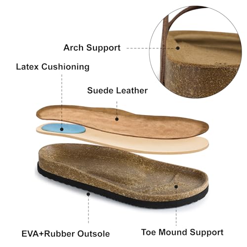 Image of TEMOFON Women's Cork Footbed Sandals: Genuine Leather Comfortable Arch Support Flat - Slip-On Summer Slide Sandals with Adjustable Buckle Brownness Size 7.5