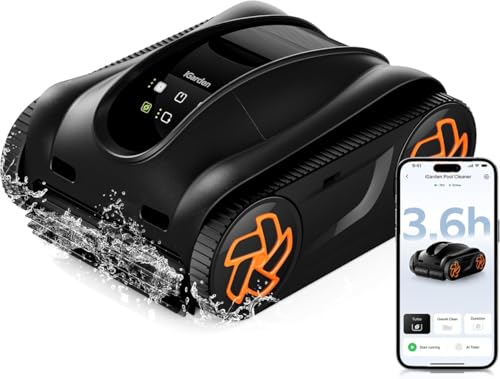 iGarden 4-in-1 Robotic Pool Cleaner, 3.6H Cordless Pool Vacuum for Inground & Above Ground Pools, Touchscreen & APP Control, Smart Navigation & Self-Parking, Cleaning Floor, Wall & Waterline, Black