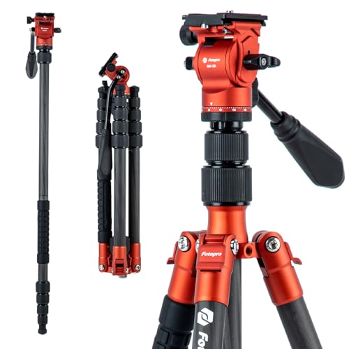 Fotopro 152cm カーボンファイバー製 旅行用三脚、コンパクトカメラ三脚、フルイドヘッド付き、取り外し可能なモノポッド、クイックリリースプレートとバッグ付き、最大8kg対応 ビデオ三脚 X-Go E2 Video オレンジ