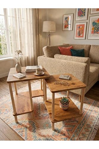 Modern Traverten Zigon Sehpa İkili Set Minimal Tasarım Yan Sehpa Dekoratif Ahşap (Atlantik Çam)