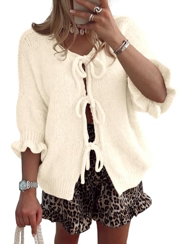Saodimallsu Womens Tie Front Bow Cardigan Sweaters Lightweight Knit Ruffle Half Sleeve 2025 Trendy Jacket