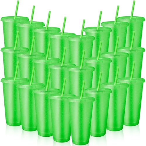 24 bicchieri riutilizzabili con coperchio e cannucce, da 680,4 g, in plastica, da viaggio, per frullati, succhi di frutta, compleanni, pigiama party, forniture per feste (verde fluorescente)