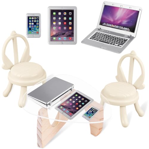 Paquet de 6 Accessoires pour Maison de poupée, Tablette d'ordinateur Portable de Simulation en métal 1:12, Mini Chaise et Table, modèle Miniature de Maison de poupée...