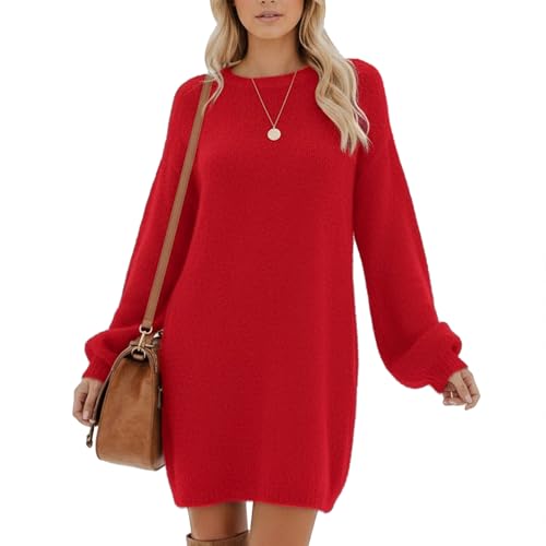 Neteson Pulloverkleid Damen Oversize Rundhals Strickkleid Langarm Herbst Winter Kleider Knielang Elegante Long Pullover Einfarbig Strickpullover Pullikleid Tunika Sweatshirt...