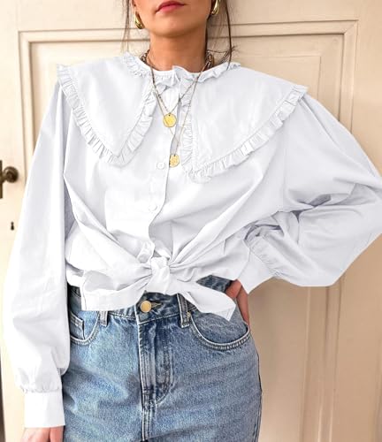 Tankaneo Womens Button Down Shirts Cotton Puff Sleeve Babydoll Blouse Fall Casual Doll Collar Tops4