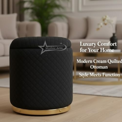 Image of Premium Round Storage Ottoman Stool 16 X 16X 19 inch, with Gold Metal Base | Luxury Pouffe with Hidden Storage | Cushioned Footrest for Living Room, Bedroom & Lounge Black