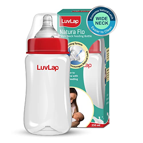 Luvlap Anti-Colic Wide Neck Natura Flo Baby Plastic Feeding Bottle, 250Ml, New Born/Infants/Toddler Upto 3 Years, Bpa Free & Bunny Food & Fruit Nibbler