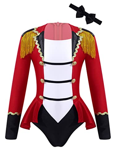 TTAO Mädchen Zirkus Ringmaster Militärische Uniform Langarm Body mit Fransen Schulterklappen Zierknöpfe Rüschen Rock Fliege Mottoparty Outfits Rot 170-176 Cover