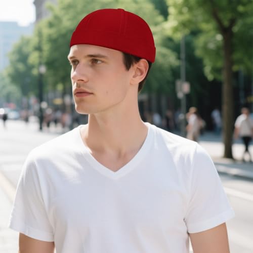 Image of 2 Pcs Mens Brimless Docker Cap Set - Retro Worker Sailor Skull Cap Beanie with Rolled Cuff