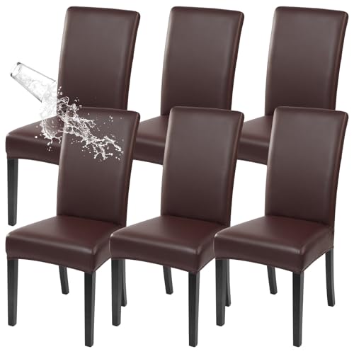 Image of SearchI Waterproof PU Leather Dining Chair Covers Stretch, Set of 6, Brown