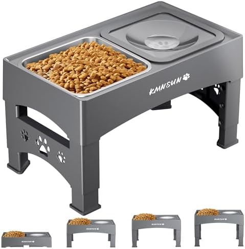 KMNSUN Raiesd Dog Bowls, 3-in-1 Elevated Elevated Stainless Steel Dog Bowl with No Spill Water Bowls, 4 Height Adjustable Raised Dog Bowls, Large Capacity Design, Prevent Food from Flying Out-Grey