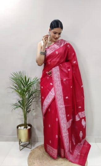 Image of Banarasi soft Cotton-Silk Saree with Unstitched Blouse - Graceful Design for Special Occasions, Weddings & Festivals