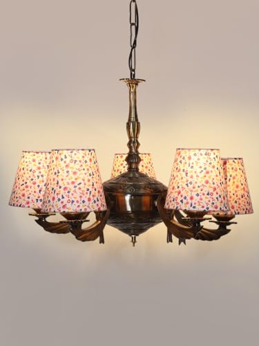 Image of Devansh 05-Light Printed Conical Multicolor Cotton Shade Chandelier - Antique Golden Finish | Adjustable Cord | Warm Glow Lamp - Ceiling Light for Living Room, Dining Area, BedroomDecor - D9