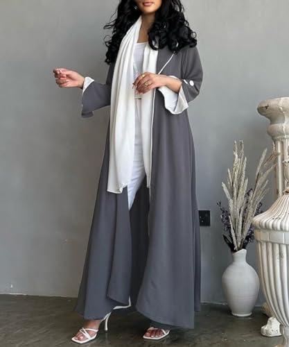 Image of Women's Contrast Trim Open Front Abaya Shawl Collar Split Sleeve Button Decor Cardigan