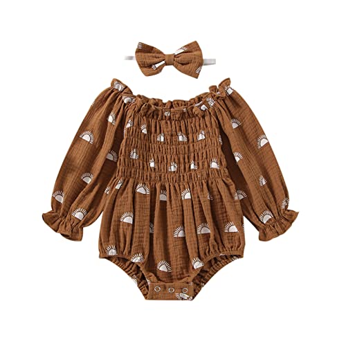 Image of 2pcs Infant Baby Girls Romper Dress Headband Long Sleeve Flowers Newborn Boho Girl Outfit Jumpsuit Clothes (Brown-Sun Printed, 0-6 Months)