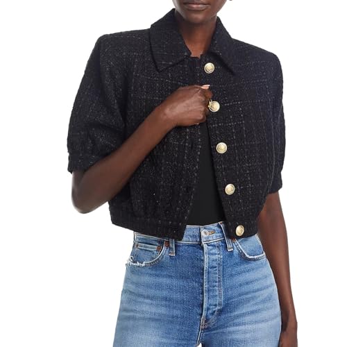 Women's Cropped Tweed Blazer Puff Sleeves Short Sleeve Jacket with Gold Buttons2