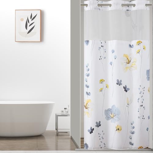 QiyI Stall Floral Shower Curtain with Snap in Liner, Blue and Yellow Watercolor Cloth Bath Curtains, No Hook Shower Curtains with Mesh Top Window, Fabric Waterproof Bathroom Curtain Set, 36 x 75 Inch