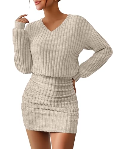 Oakgarden Women's Pullover Sweater Dress Long Lantern Sleeve Ribbed Knit V Neck Ruched Bodycon Mini Dress 2025 Fashion(Apricot,Small)
