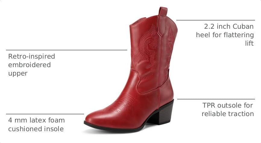 Image of DREAM PAIRS Mid Calf Cowboy Cowgirl Boots for Women | Round Toe Western Boots, Chunky Low Heel, Embroidery Boot, Country Music Festivals Theme Party
