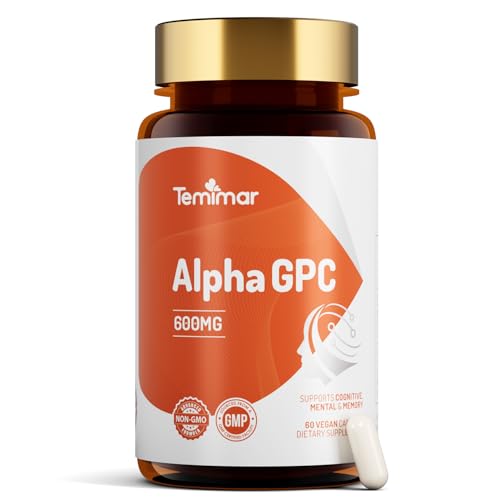 Temimar Alpha GPC 600mg, Bioavailable Choline Supplements, Supports Memory, Focus & Cognitive Function, Gluten Free, Non GMO, Made in USA, 60 Vegan Capsules