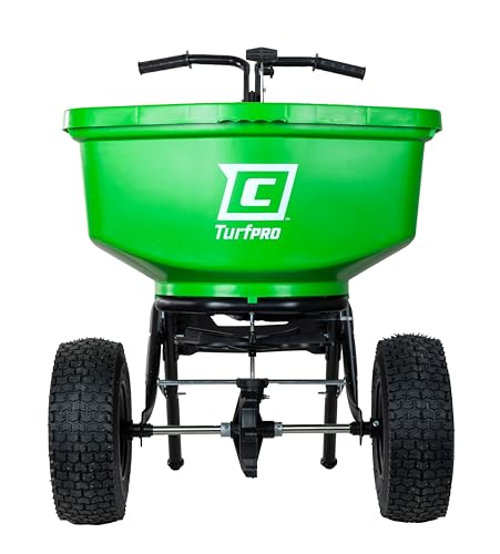Image of Chapin 89303C Spreader, Lawn and Garden, 100Lbs, Contractor, TurfPro, Broadcast, Push, Walk Behind, 12 inch Tires, Weather-Proof, Poly Hopper, Side- Adjust Lever, Spreads Fertilizer and Seeds